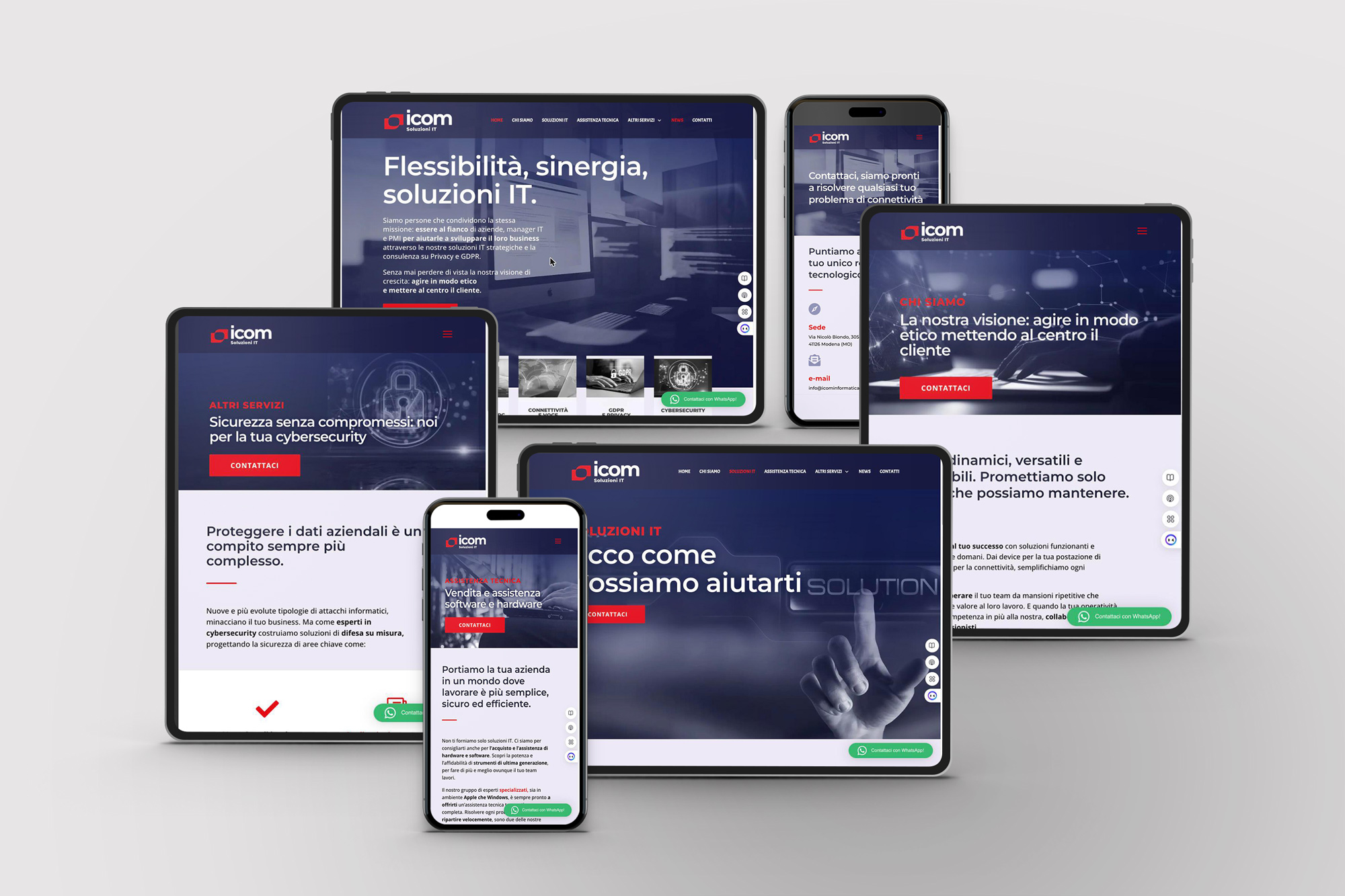 Il sito icominformatica.it su tablet e smartphone: home, chi siamo, soluzioni IT, assistenza tecnica, cybersecurity e contatti