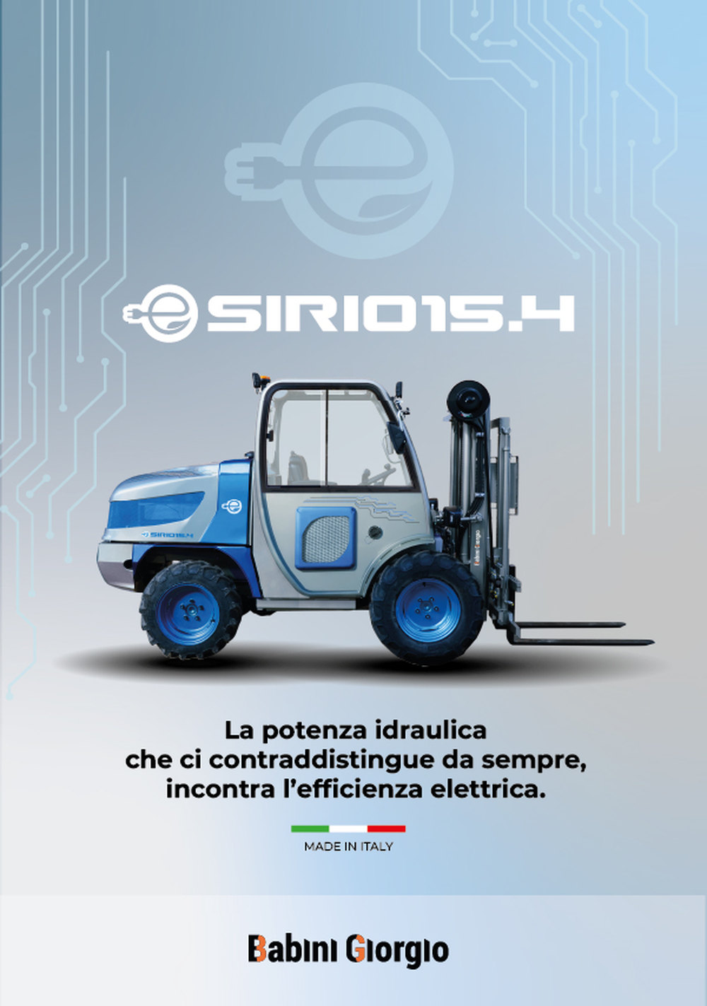 La copertina del catalogo e-Sirio 15.4, il carrello elevatore fuoristrada elettrico di Babini Giorgio