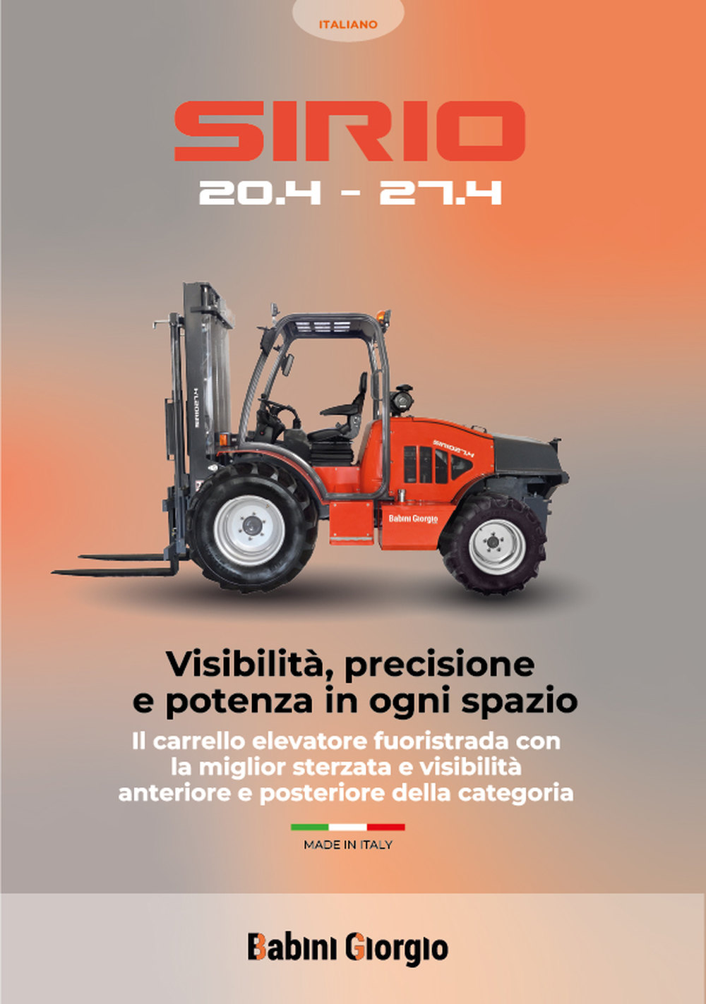 La copertina del catalogo Sirio, i carrelli elevatori fuoristrada idraulici di Babini Giorgio