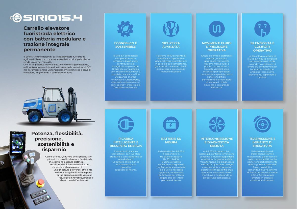 Pagine interne del catalogo e-Sirio: i vantaggi del carrello elettrico spiegati in otto riquadri