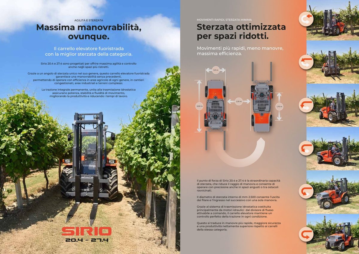 Pagine interne del catalogo Sirio: la manovrabilità del carrello fra i filari