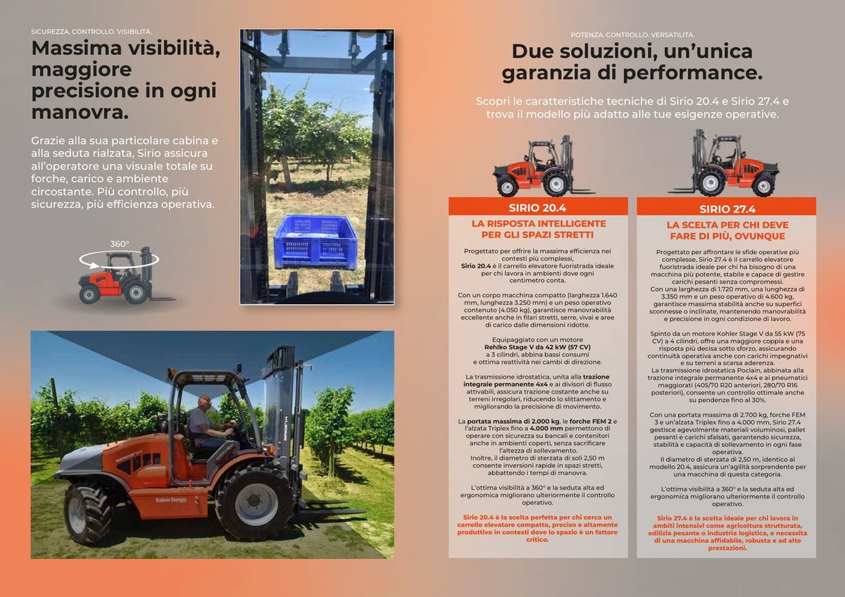 Pagine interne del catalogo Sirio: visibilità dalla cabina e confronto fra i modelli 20.4 e 27.4