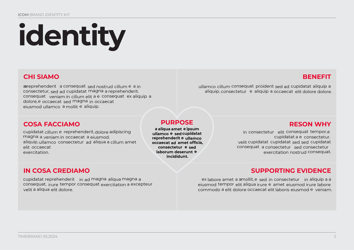 La pagina identity del documento di posizionamento: chi siamo, cosa facciamo, in cosa crediamo, purpose e reason why