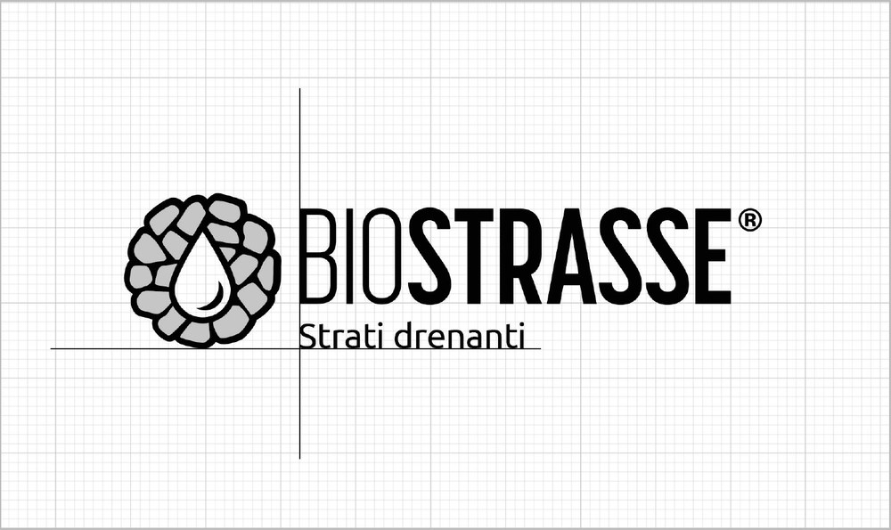 La griglia di costruzione del marchio Biostrasse, con l'allineamento fra simbolo e lettering