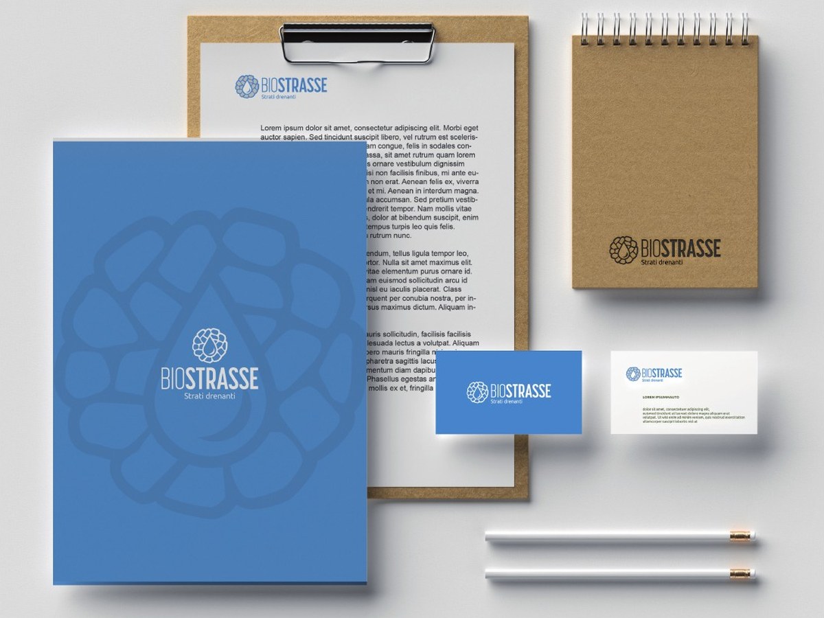 Il layout di coordinamento di Biostrasse: carta intestata, block notes e biglietti da visita