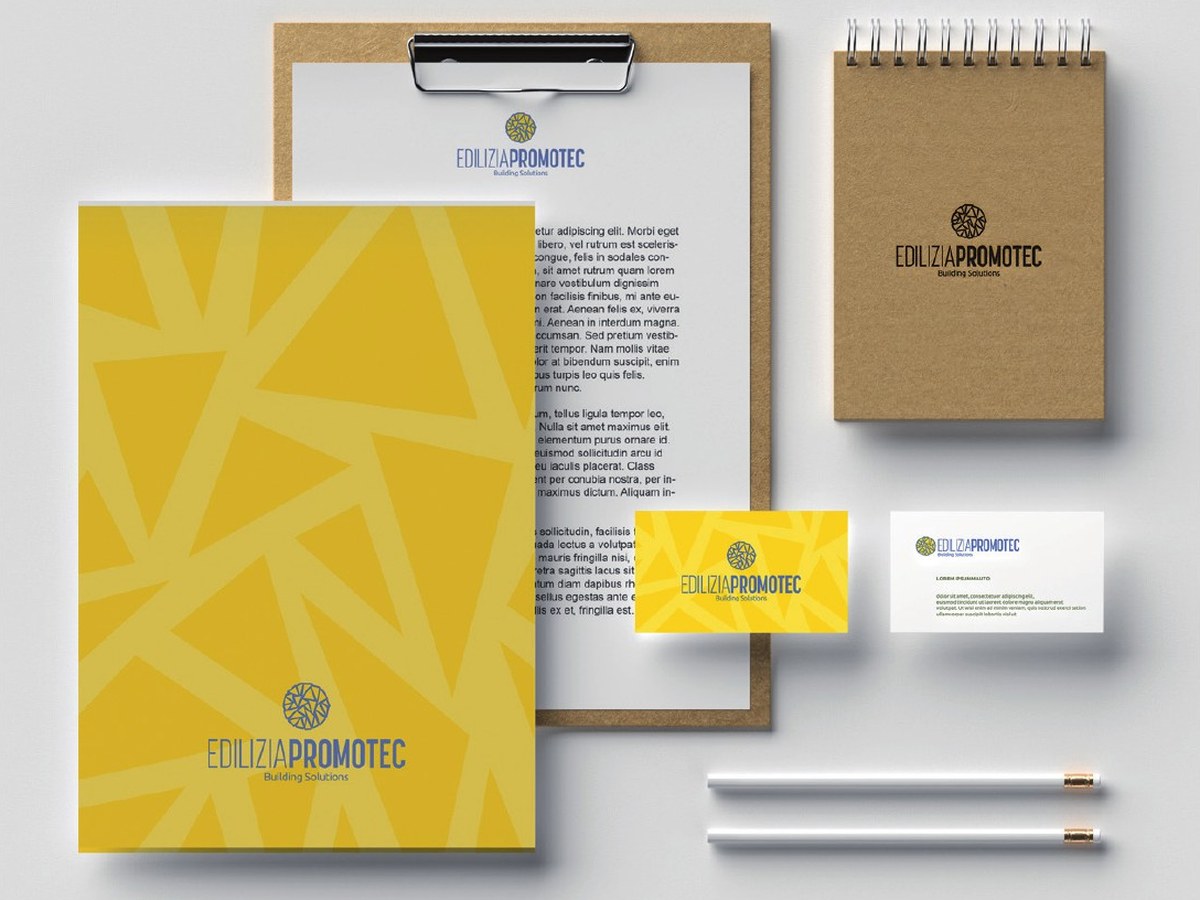 Il layout di coordinamento di Edilizia Promotec: carta intestata, block notes e biglietti da visita