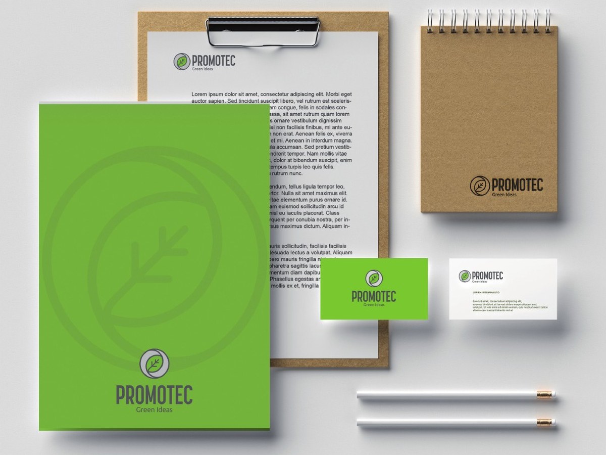 Il layout di coordinamento di Promotec: carta intestata, block notes e biglietti da visita