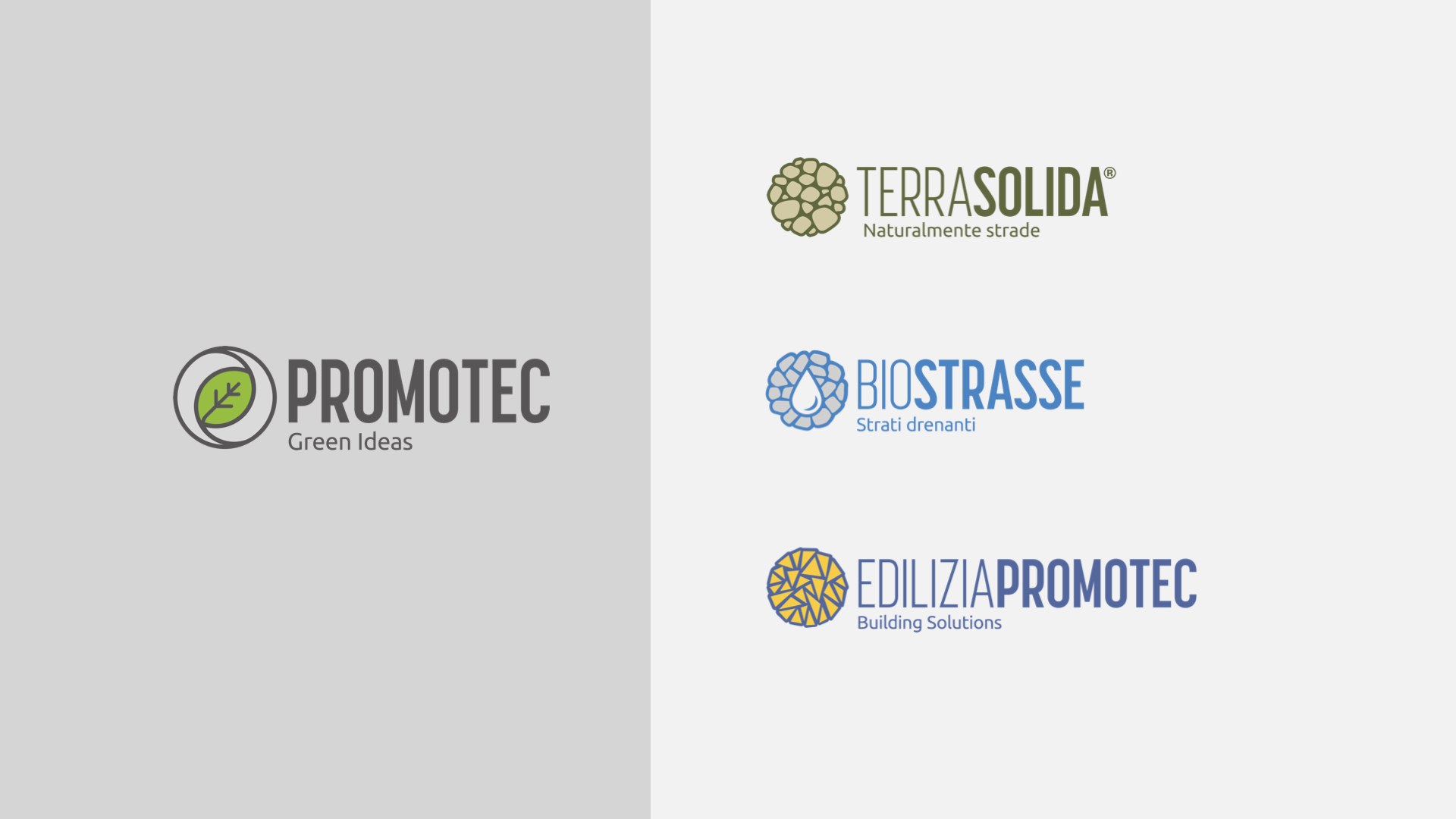 Il marchio madre Promotec e i tre marchi di prodotto Terra Solida, Biostrasse ed Edilizia Promotec